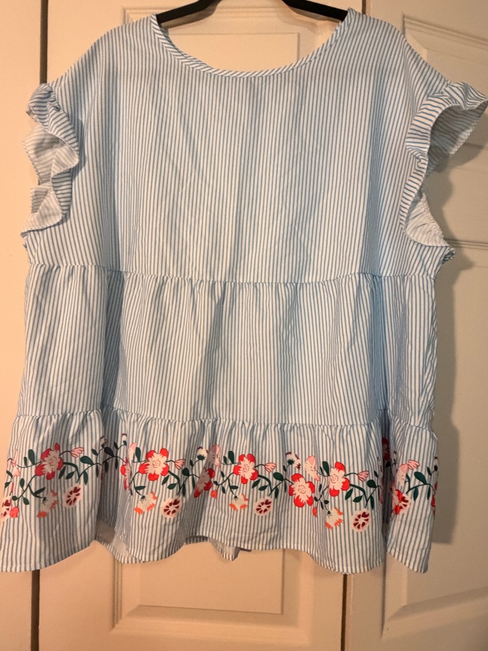 Light Blue Striped Floral-Hem Ruffle Sleeve Tunic Top